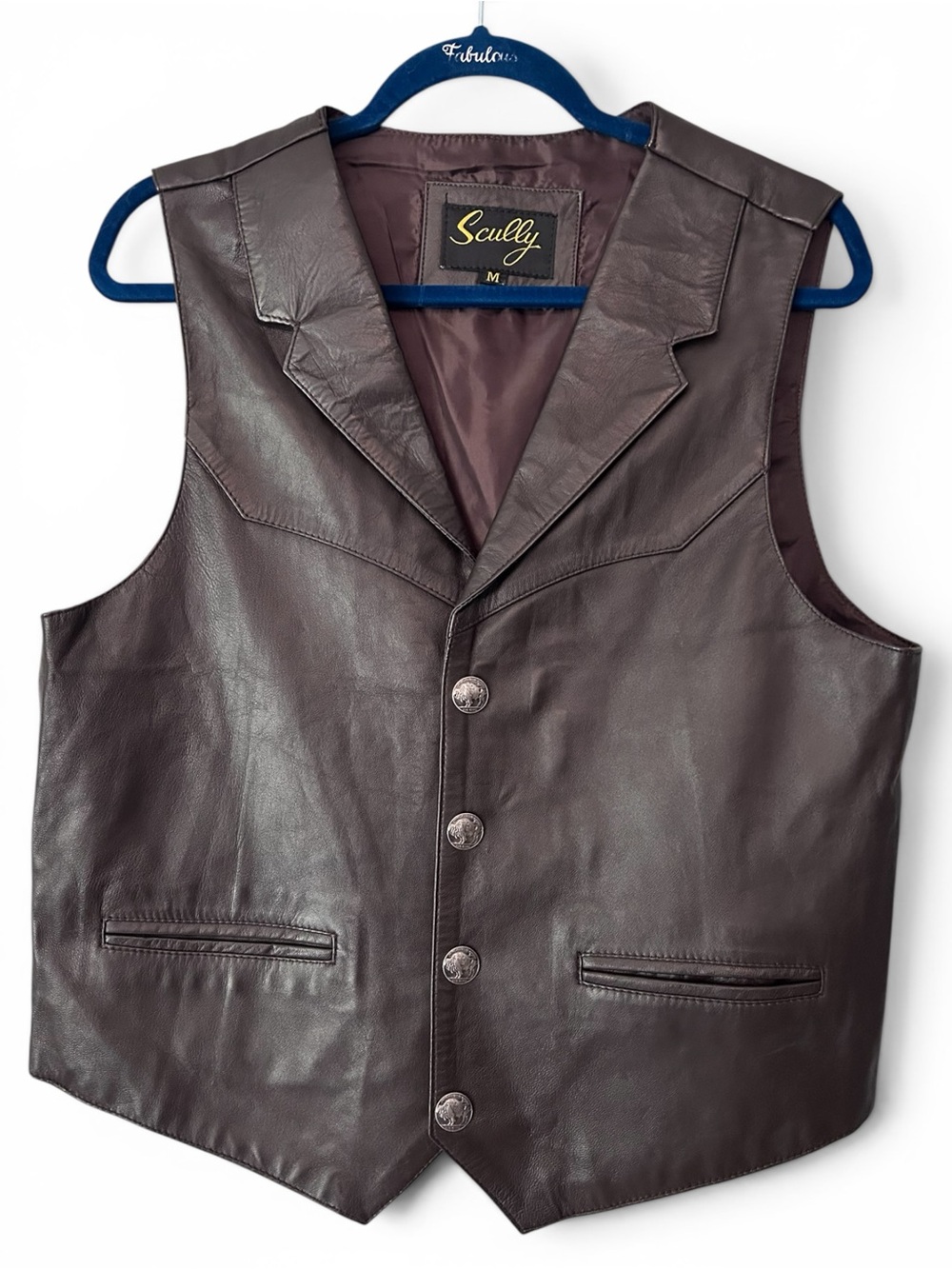Scully Brown Leather Vest Waistcoat Buffalo Nickel Snap Covers Size Medium